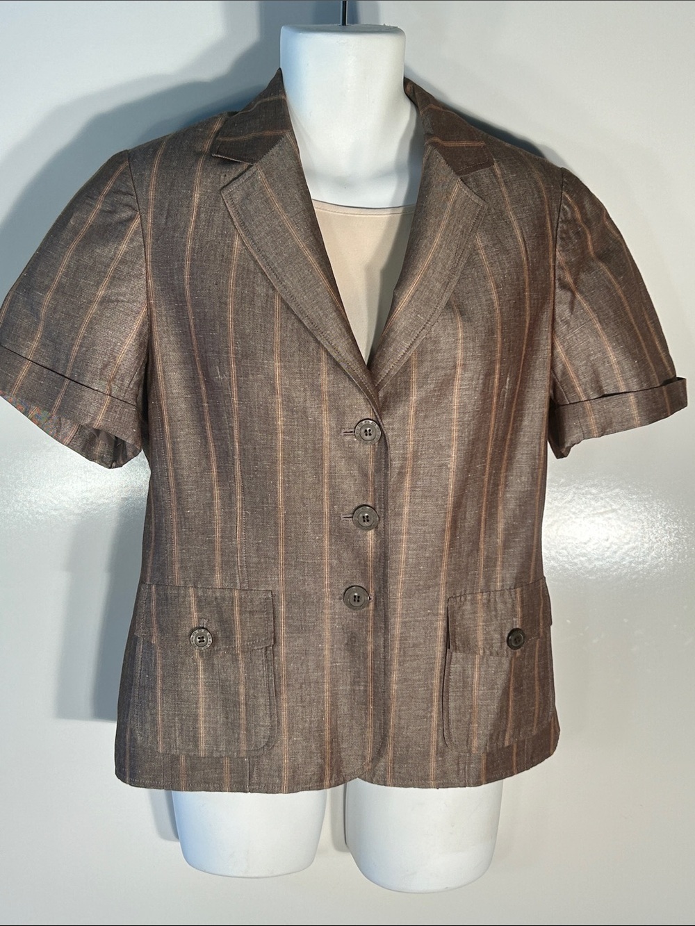 David N SZ M Brown Linen Pinstripe Classic Blazer Old Money Academia Preppy